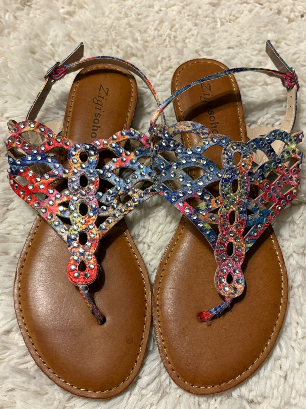 Zigi Soho Mariane Jeweled T-Strap Flat Sandals Multi Color Rhinestone Thong